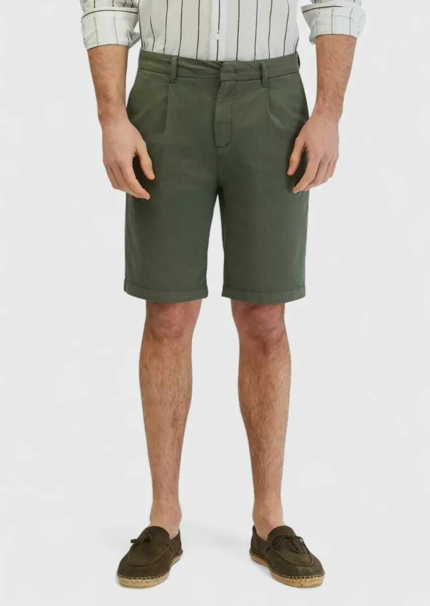 Haki Düz Dokuma Regular Fit Casual Pamuk Karışımlı Bermuda - 2
