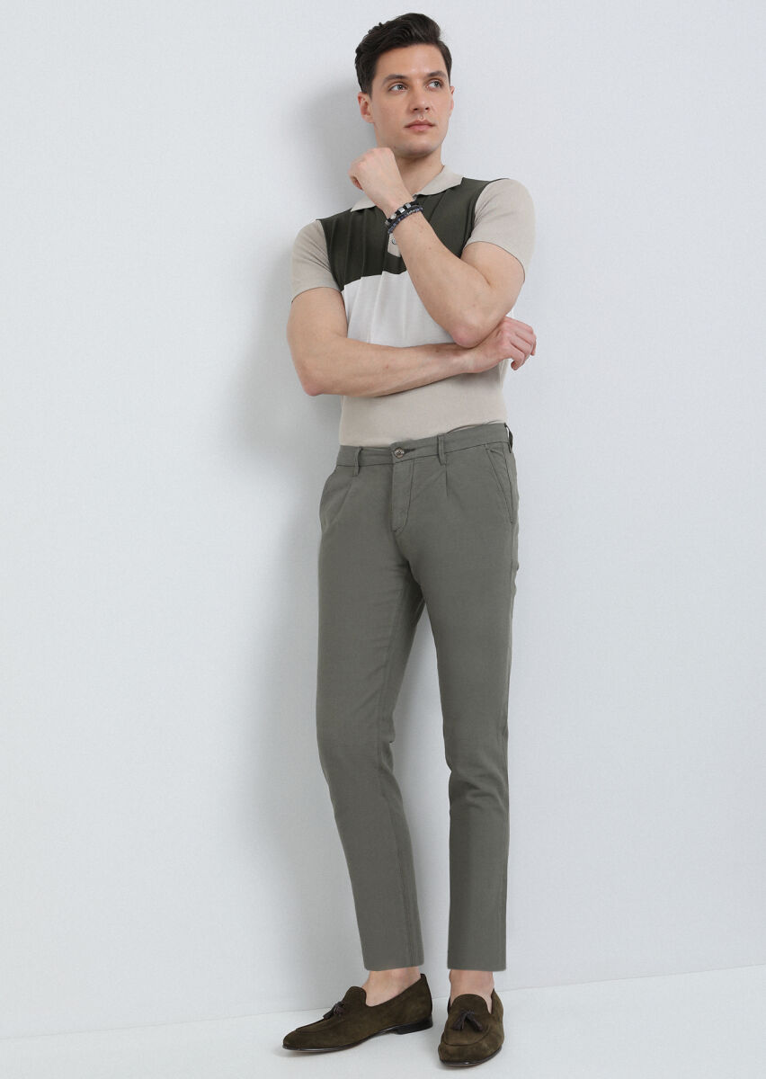 Haki Düz Dokuma Regular Fit Casual Pamuk Karışımlı Pantolon - 1