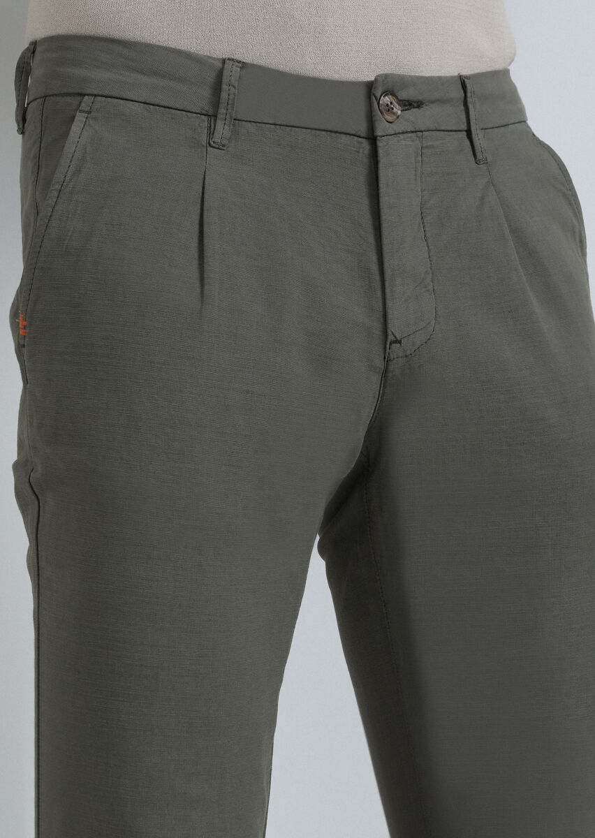 Haki Düz Dokuma Regular Fit Casual Pamuk Karışımlı Pantolon - 3