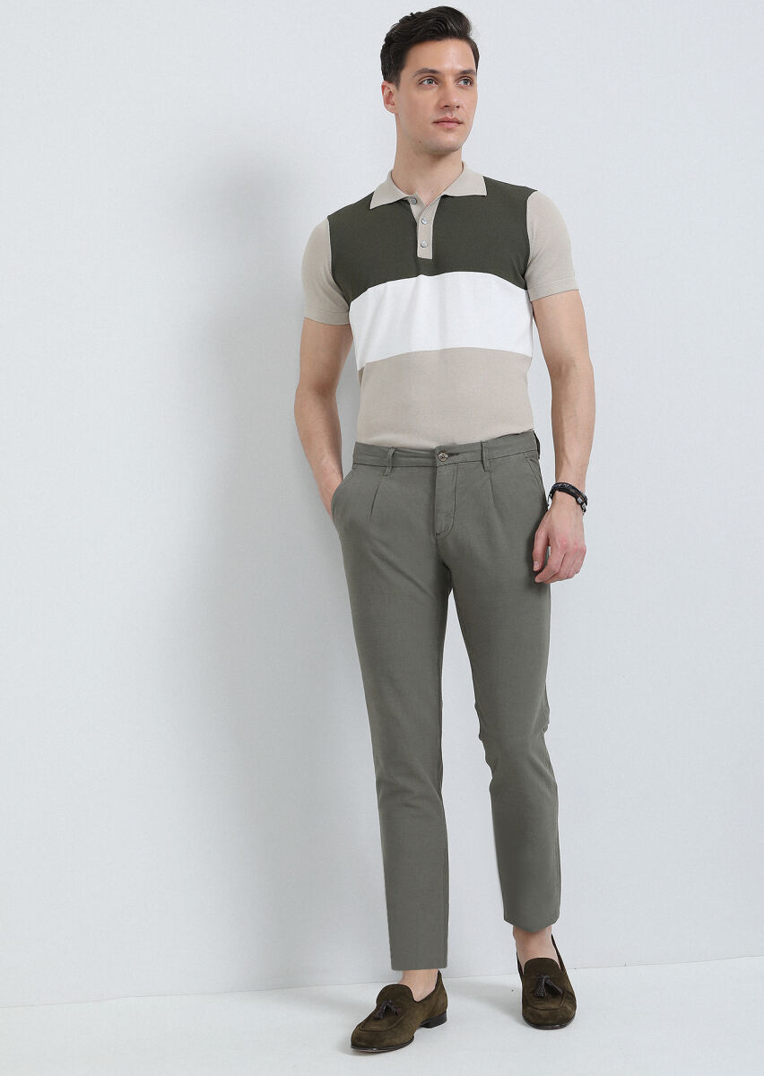 Haki Düz Dokuma Regular Fit Casual Pamuk Karışımlı Pantolon - 4