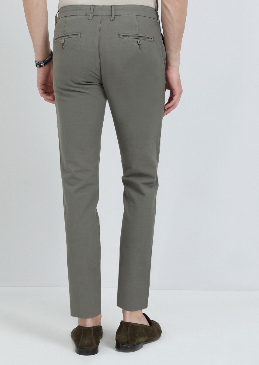 Haki Düz Dokuma Regular Fit Casual Pamuk Karışımlı Pantolon - 5