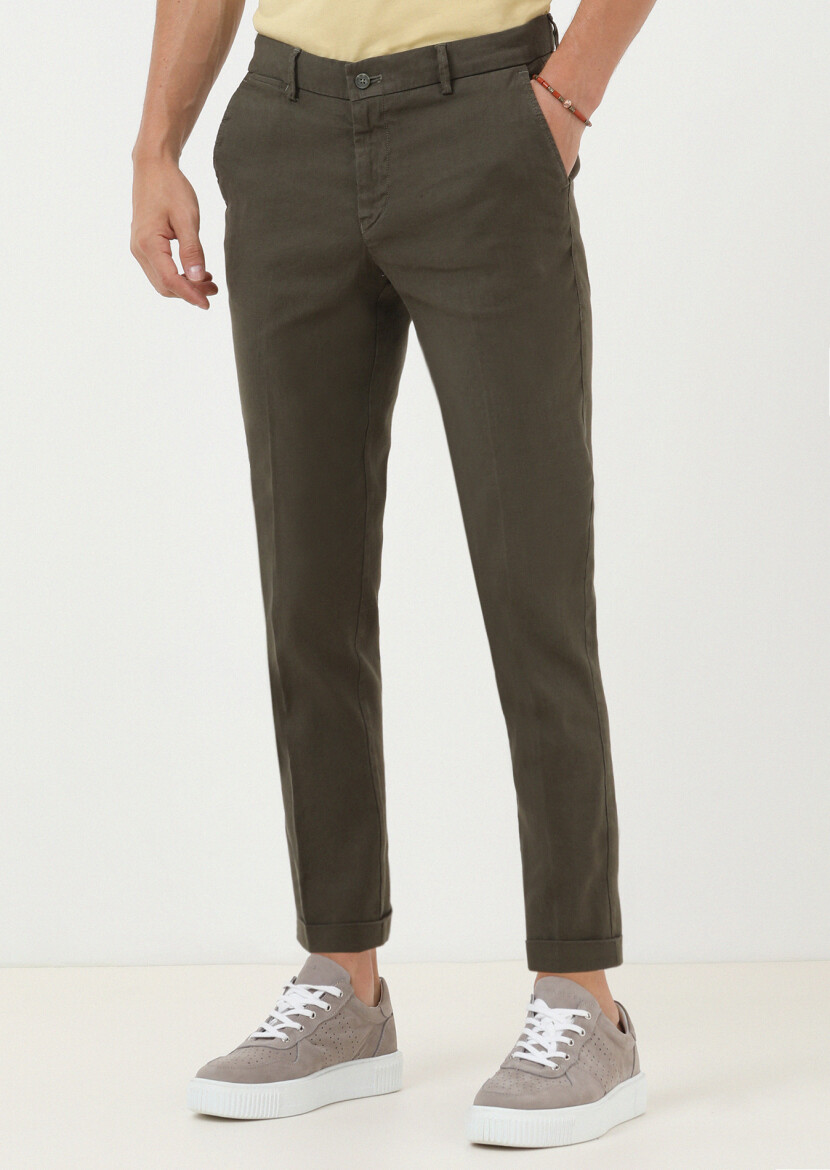 Haki Düz Dokuma Regular Fit Casual Pamuk Karışımlı Pantolon - 1
