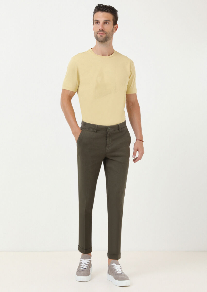 Haki Düz Dokuma Regular Fit Casual Pamuk Karışımlı Pantolon - 2