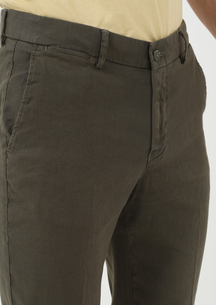 Haki Düz Dokuma Regular Fit Casual Pamuk Karışımlı Pantolon - 3