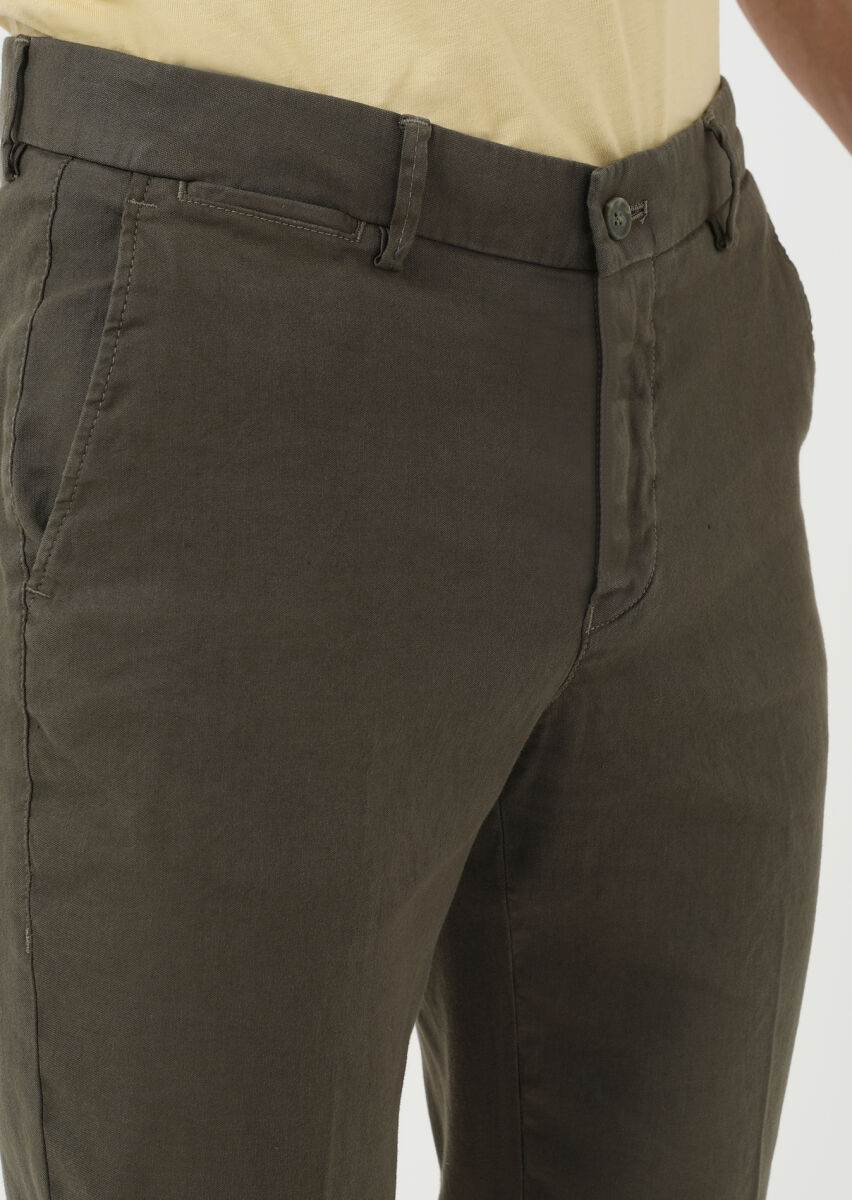 Haki Düz Dokuma Regular Fit Casual Pamuk Karışımlı Pantolon - 3