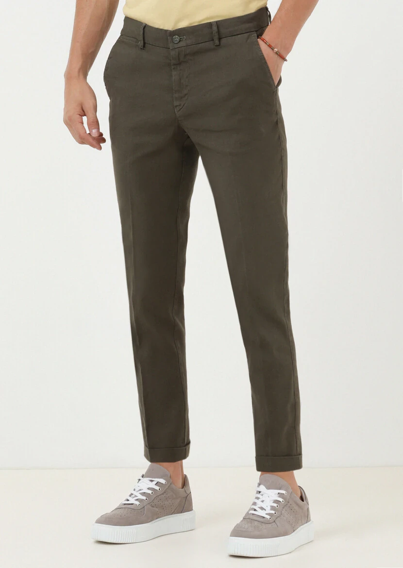 Haki Düz Dokuma Regular Fit Casual Pamuk Karışımlı Pantolon 