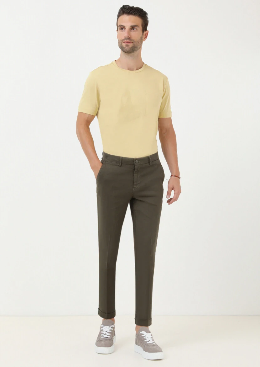Haki Düz Dokuma Regular Fit Casual Pamuk Karışımlı Pantolon 