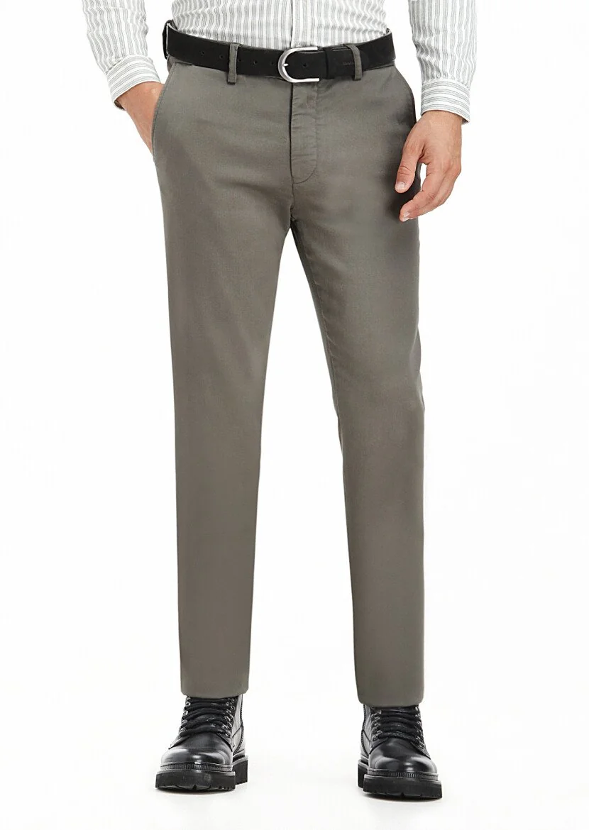 Haki Düz Dokuma Regular Fit Casual Pamuk Karışımlı Pantolon 