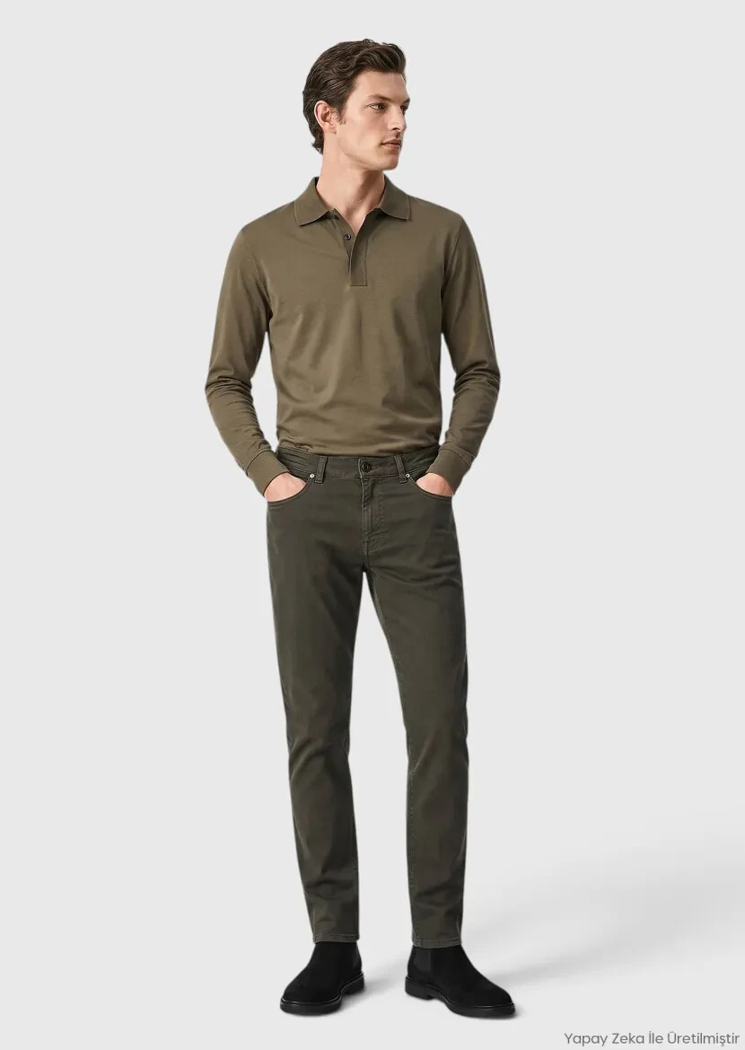 Haki Düz Dokuma Regular Fit Casual Pamuk Karışımlı Pantolon 