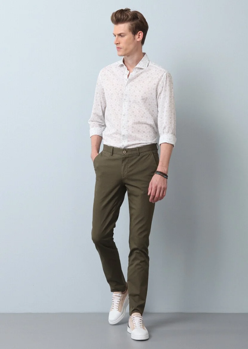 Haki Düz Dokuma Slim Fit Casual Pamuk Karışımlı Pantolon - 2