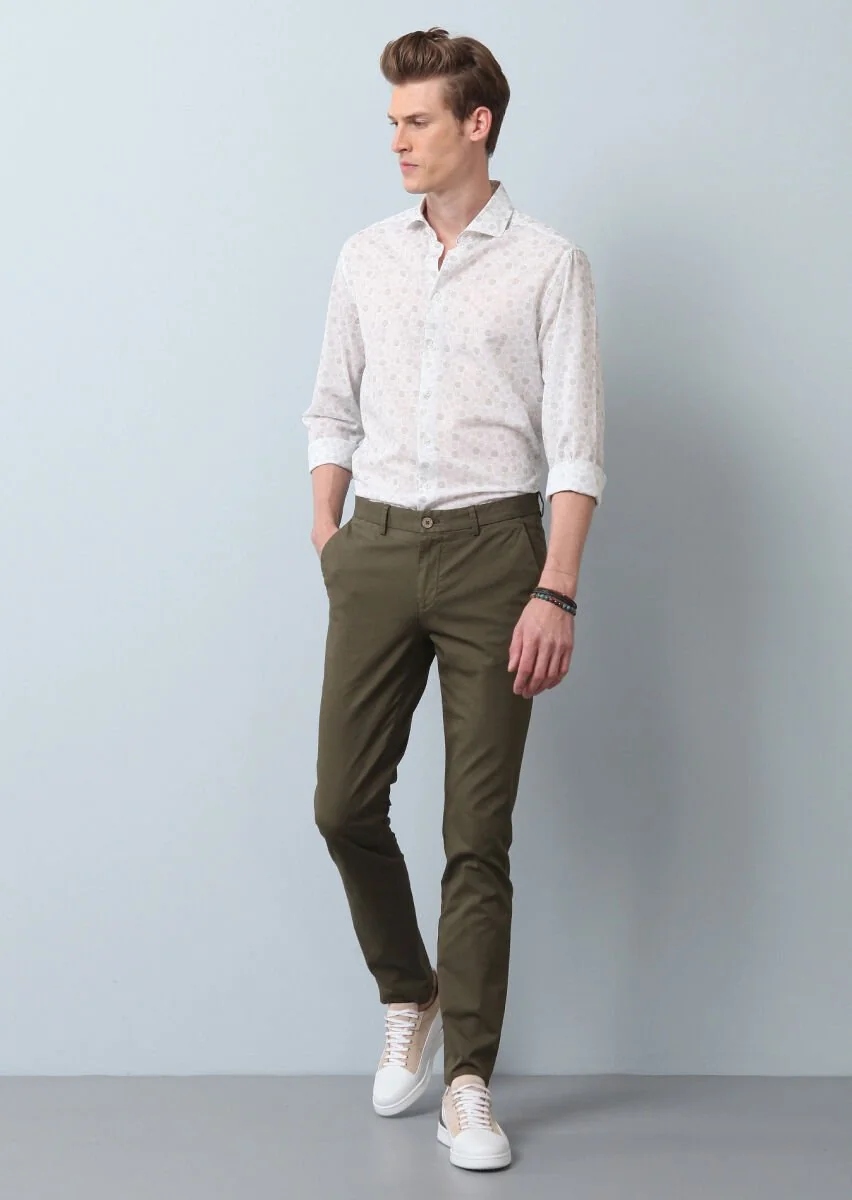 Haki Düz Dokuma Slim Fit Casual Pamuk Karışımlı Pantolon - 2