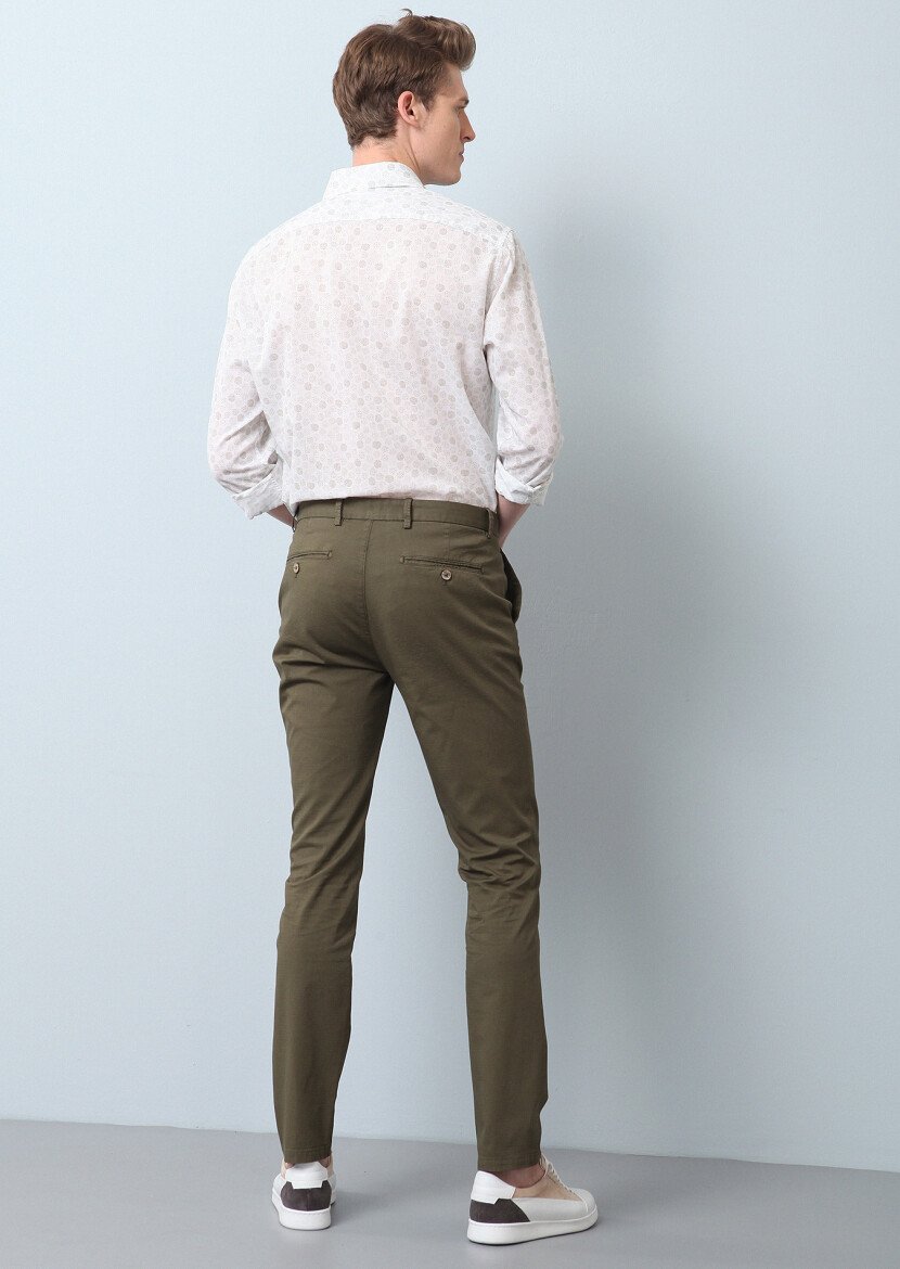 Haki Düz Dokuma Slim Fit Casual Pamuk Karışımlı Pantolon - 5