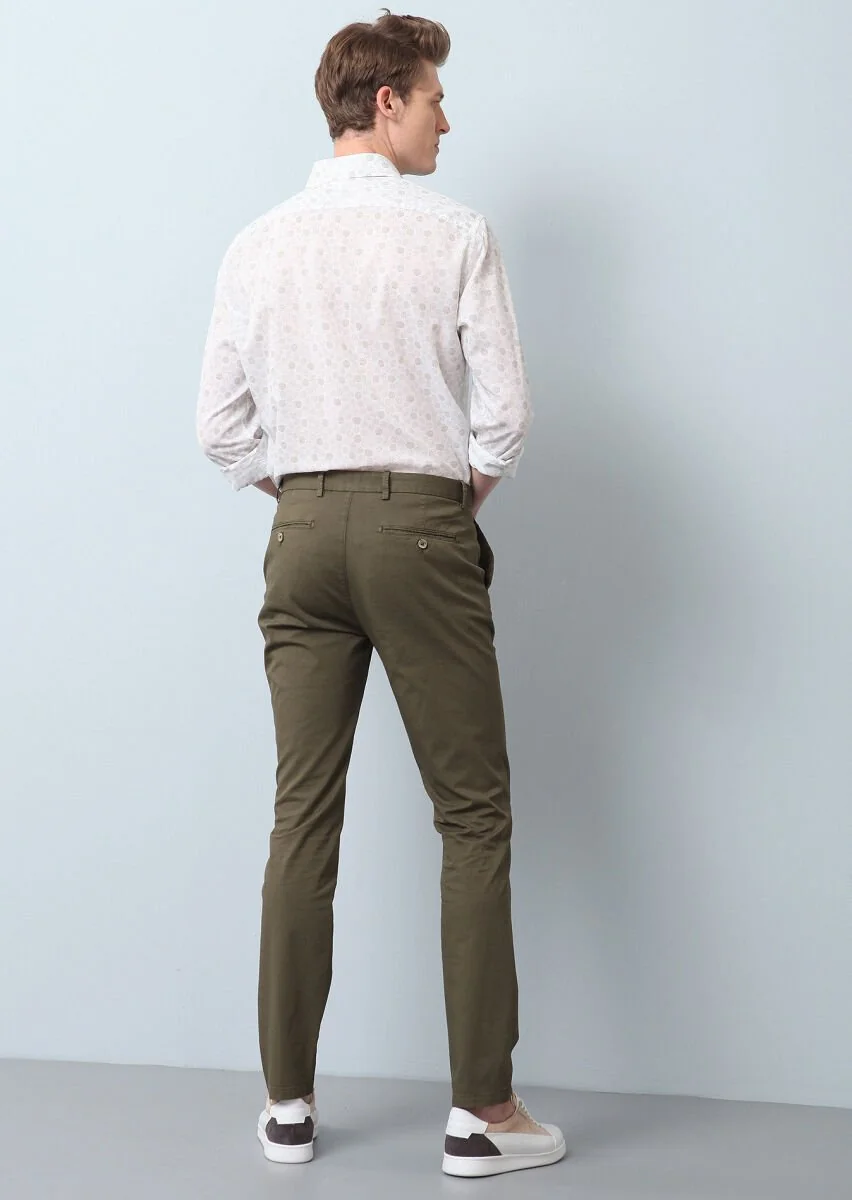 Haki Düz Dokuma Slim Fit Casual Pamuk Karışımlı Pantolon - 5
