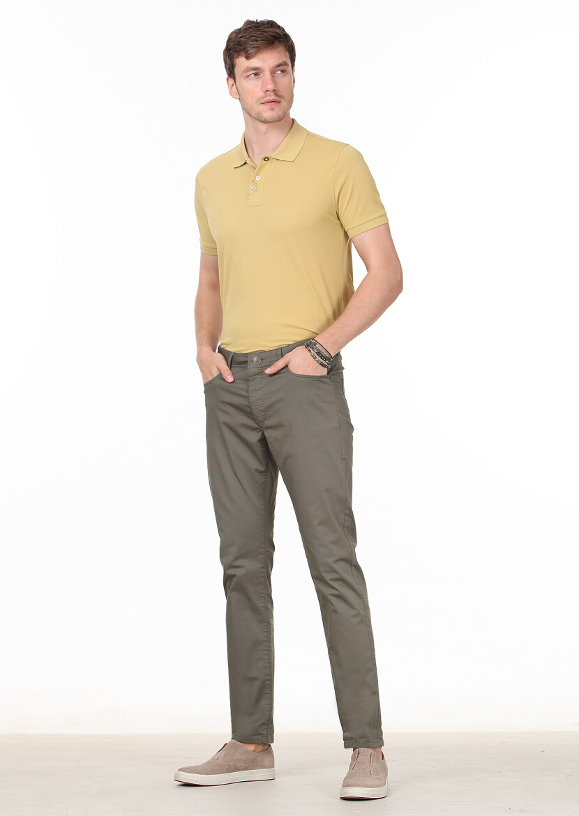 Haki Düz Dokuma Slim Fit Casual Pamuk Karışımlı Pantolon - 1