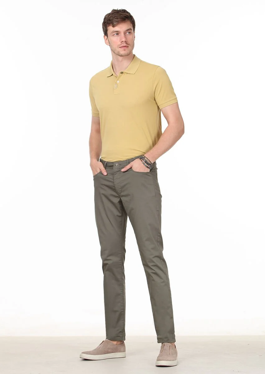 Haki Düz Dokuma Slim Fit Casual Pamuk Karışımlı Pantolon - 1
