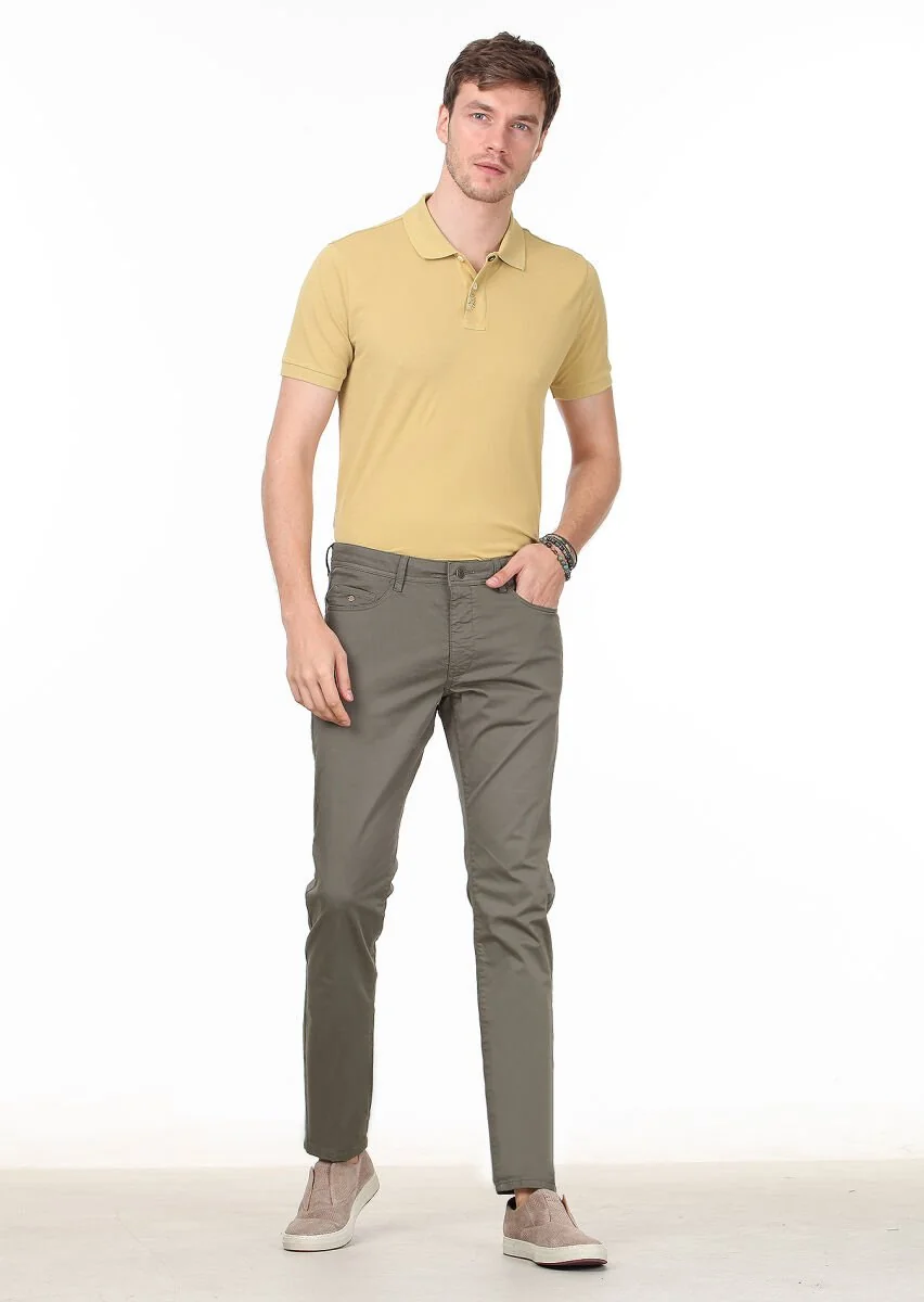 Haki Düz Dokuma Slim Fit Casual Pamuk Karışımlı Pantolon - 2