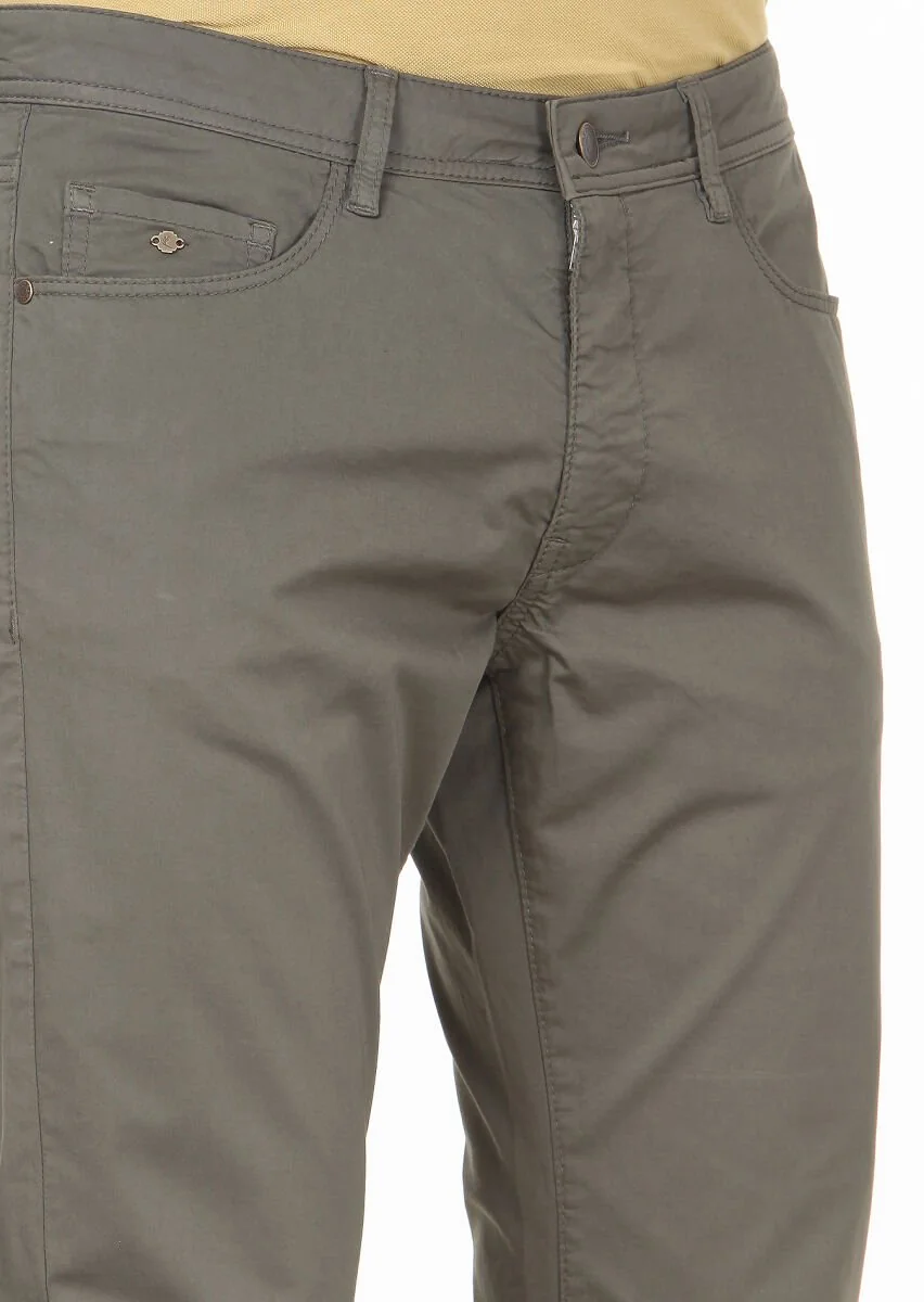Haki Düz Dokuma Slim Fit Casual Pamuk Karışımlı Pantolon - 3