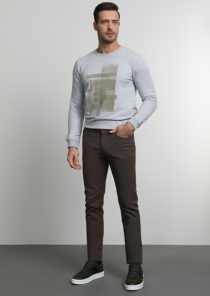 Haki Düz Dokuma Slim Fit Casual Pamuk Karışımlı Pantolon - 3