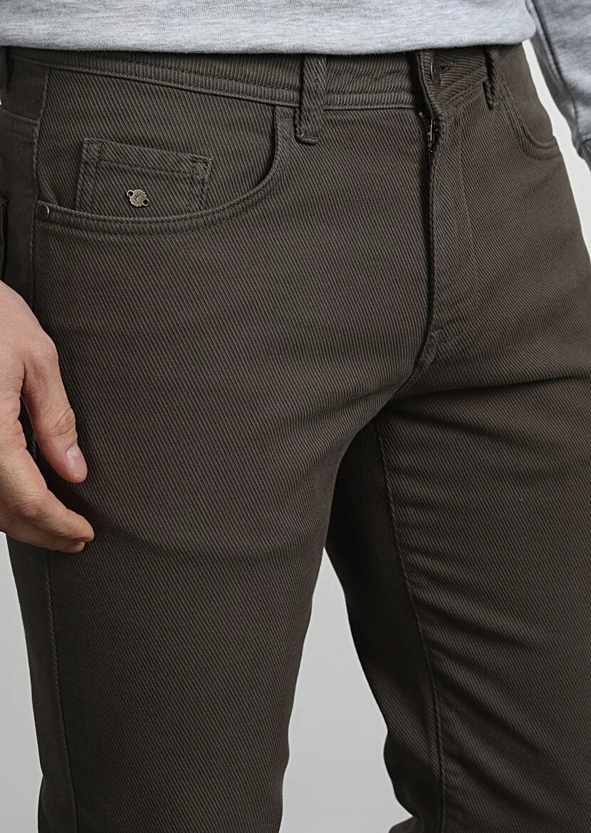 Haki Düz Dokuma Slim Fit Casual Pamuk Karışımlı Pantolon - 2