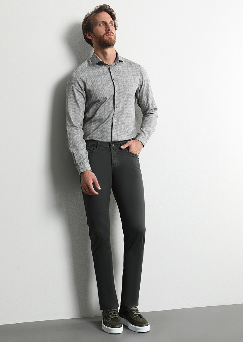 Haki Düz Dokuma Slim Fit Casual Pamuk Karışımlı Pantolon - 1