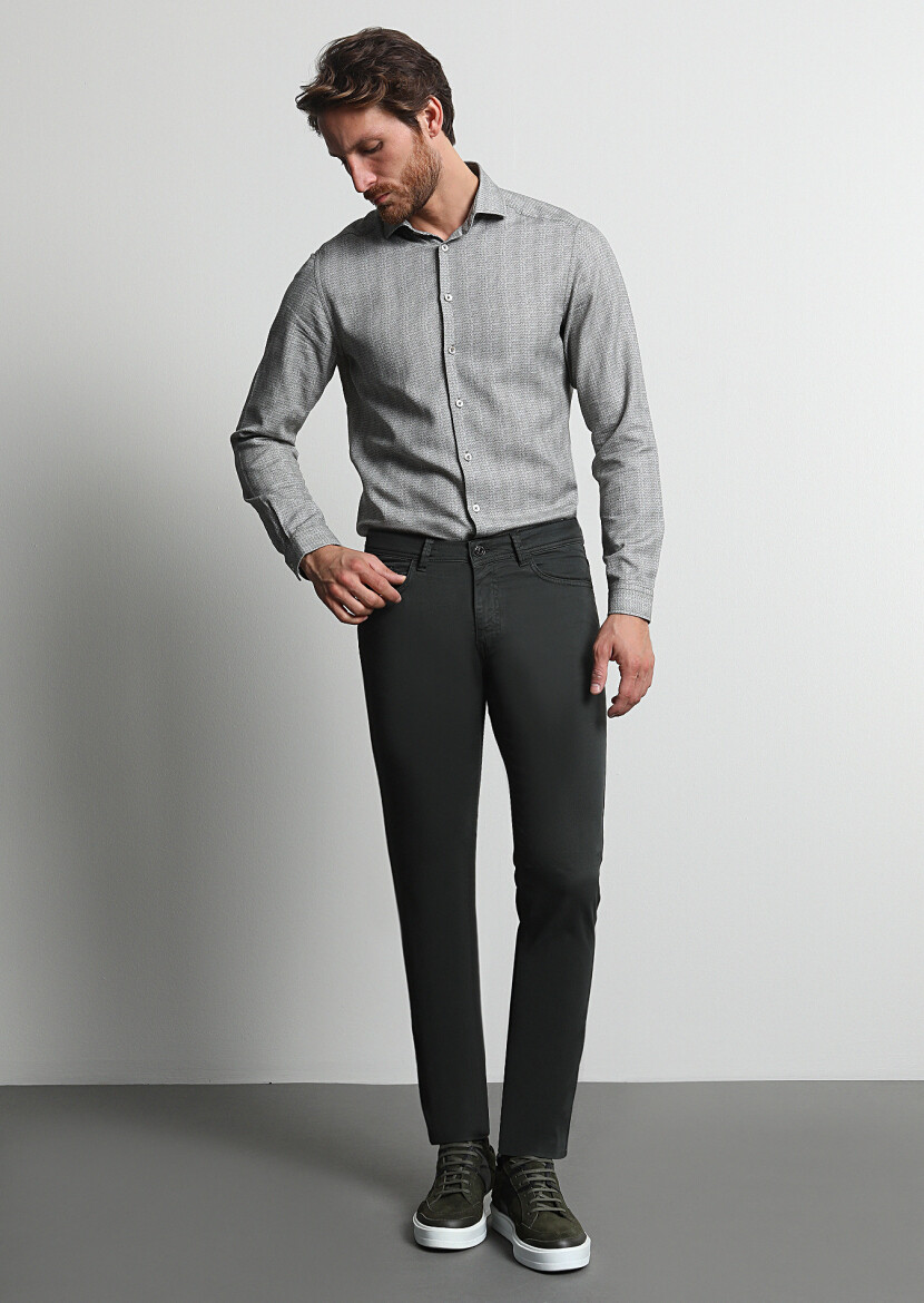 Haki Düz Dokuma Slim Fit Casual Pamuk Karışımlı Pantolon - 2