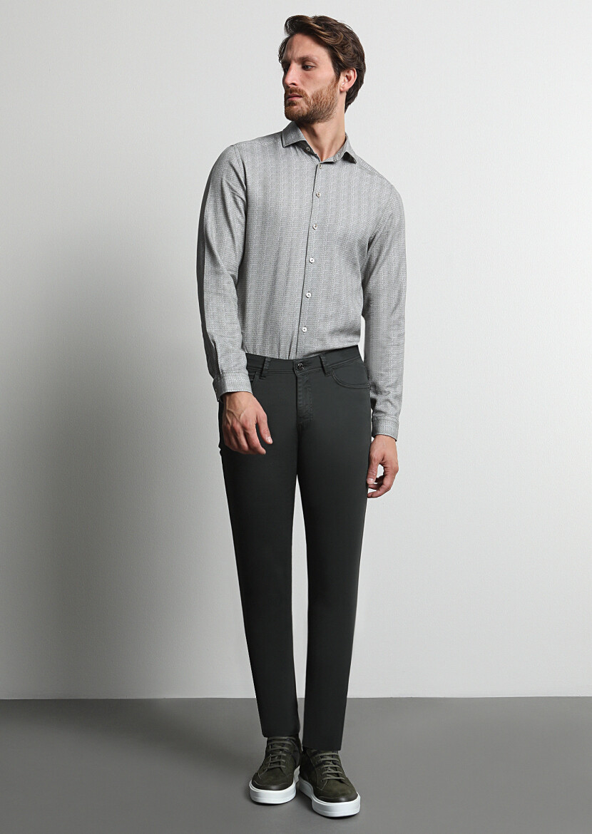 Haki Düz Dokuma Slim Fit Casual Pamuk Karışımlı Pantolon - 4