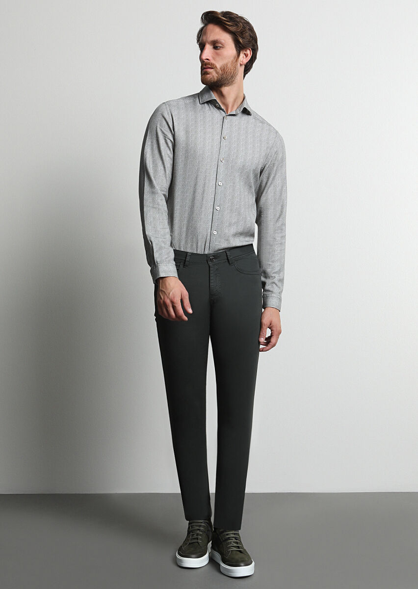 Haki Düz Dokuma Slim Fit Casual Pamuk Karışımlı Pantolon - 4
