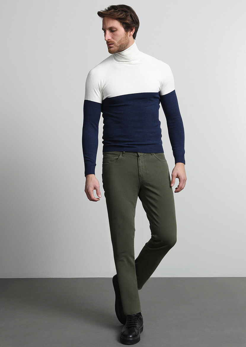 Haki Düz Dokuma Slim Fit Casual Pamuk Karışımlı Pantolon 