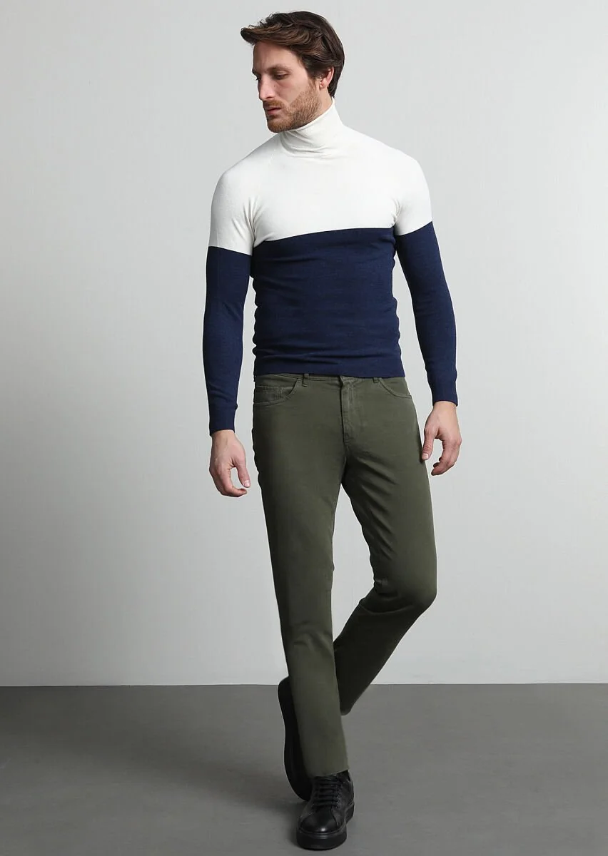 Haki Düz Dokuma Slim Fit Casual Pamuk Karışımlı Pantolon - 1