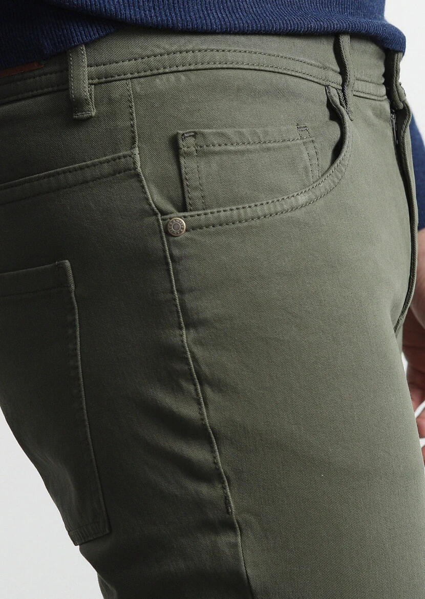 Haki Düz Dokuma Slim Fit Casual Pamuk Karışımlı Pantolon 