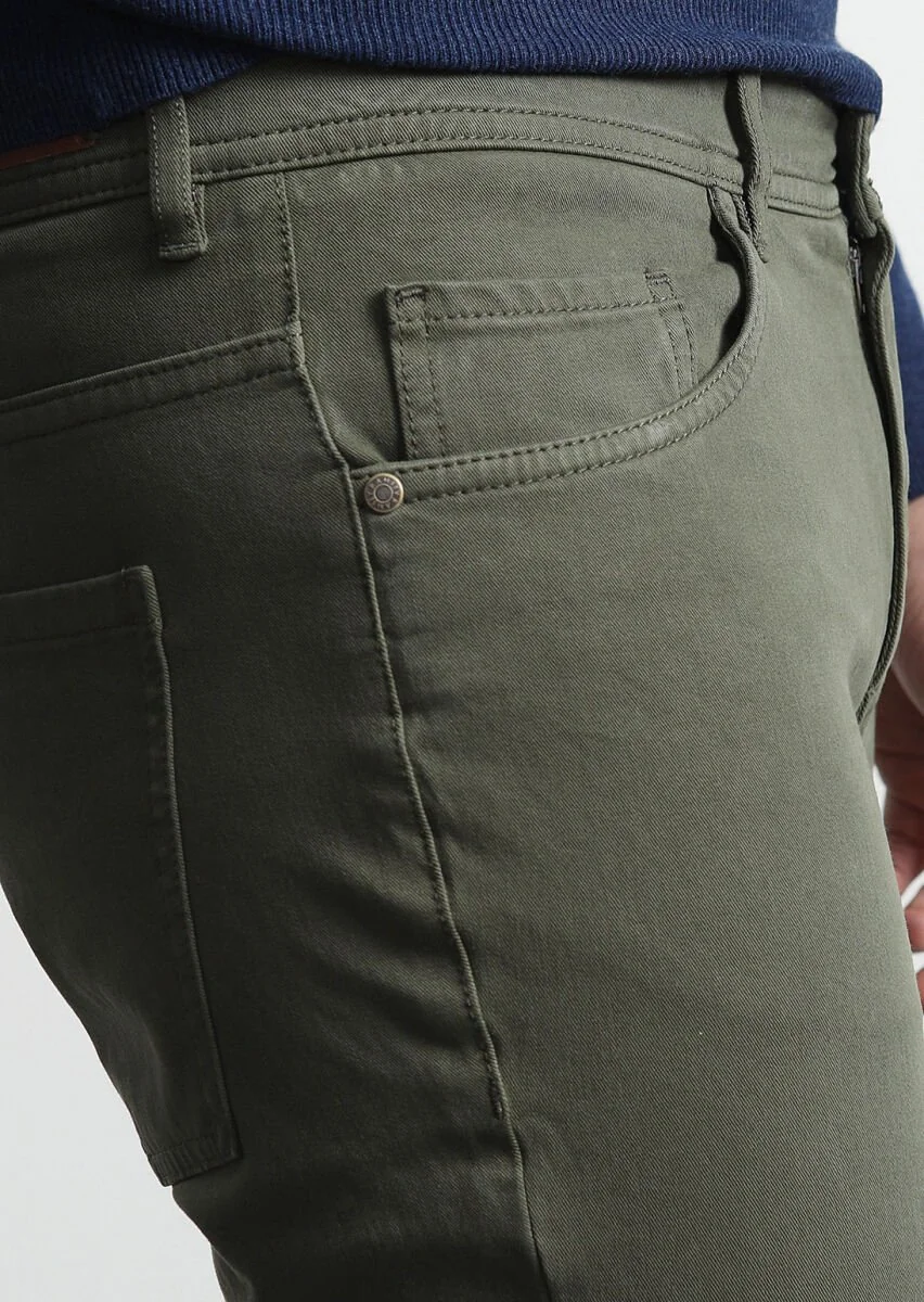 Haki Düz Dokuma Slim Fit Casual Pamuk Karışımlı Pantolon - 2