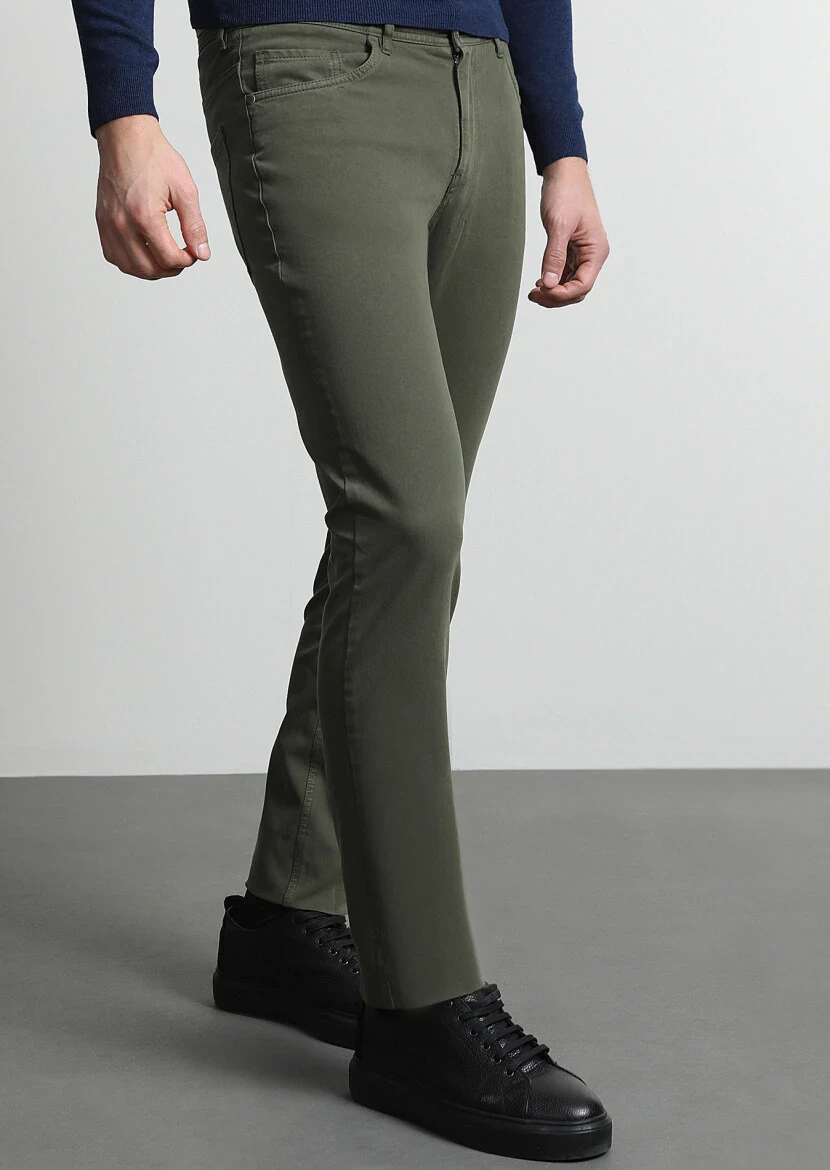 Haki Düz Dokuma Slim Fit Casual Pamuk Karışımlı Pantolon - 3