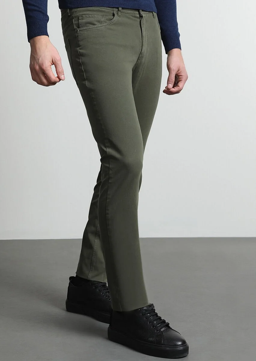 Haki Düz Dokuma Slim Fit Casual Pamuk Karışımlı Pantolon - 3