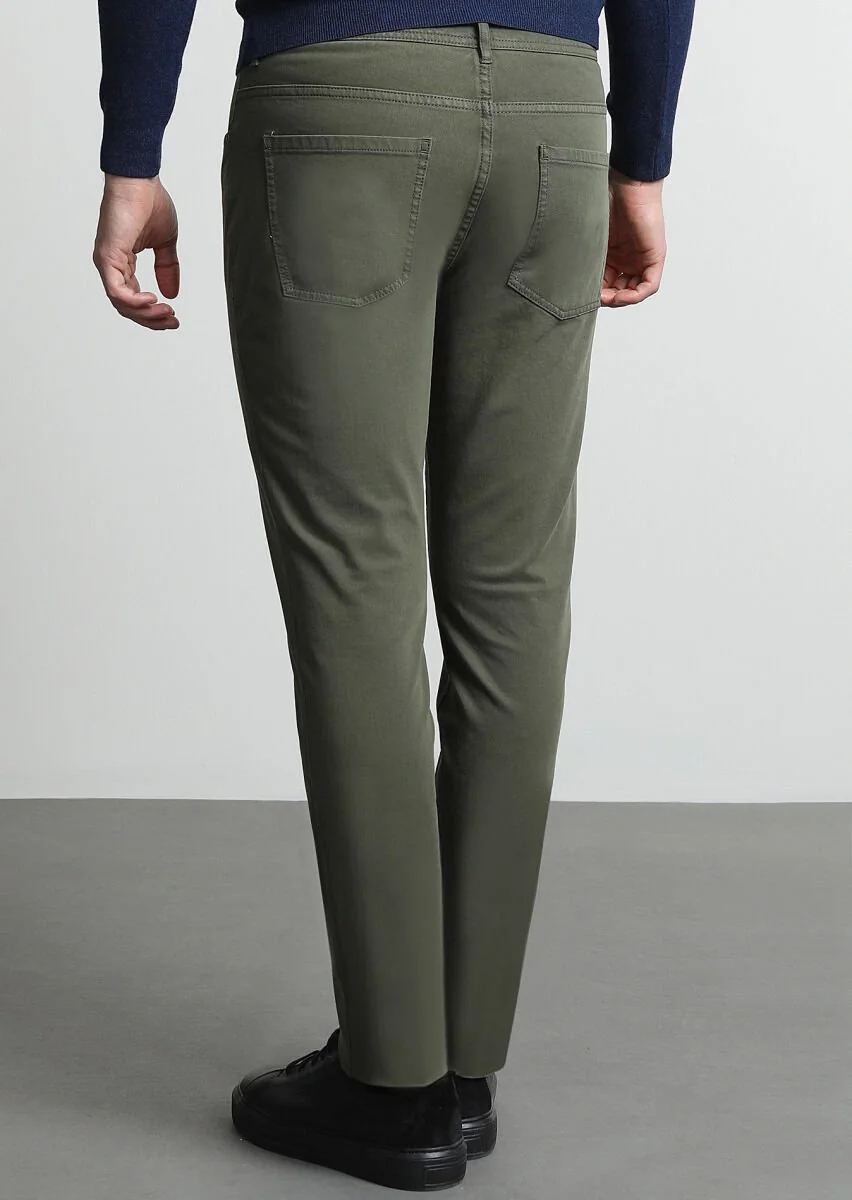 Haki Düz Dokuma Slim Fit Casual Pamuk Karışımlı Pantolon - 4