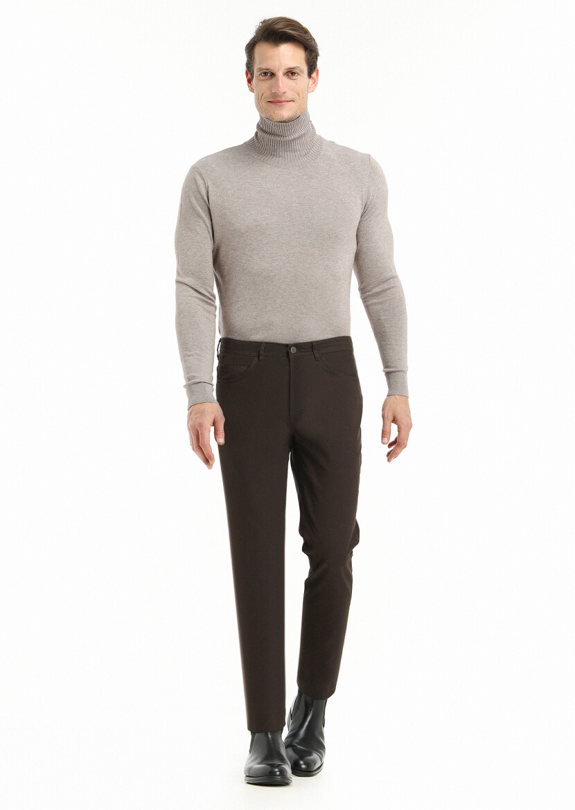 Haki Düz Dokuma Slim Fit Casual Pamuk Karışımlı Pantolon - 1