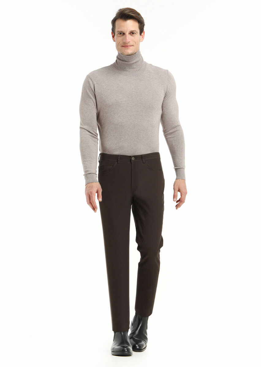 Haki Düz Dokuma Slim Fit Casual Pamuk Karışımlı Pantolon - 1