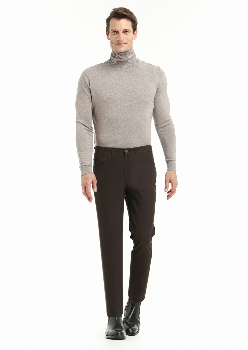 Haki Düz Dokuma Slim Fit Casual Pamuk Karışımlı Pantolon - 1