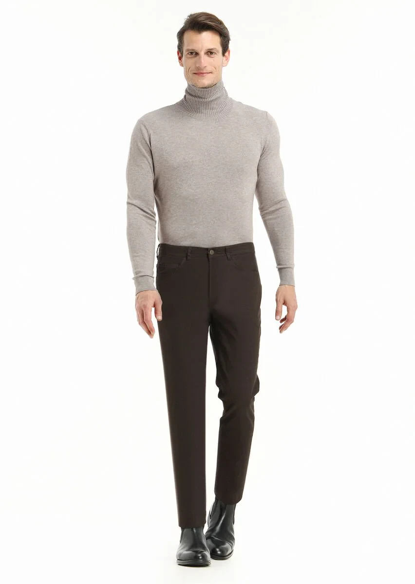 Haki Düz Dokuma Slim Fit Casual Pamuk Karışımlı Pantolon - 1