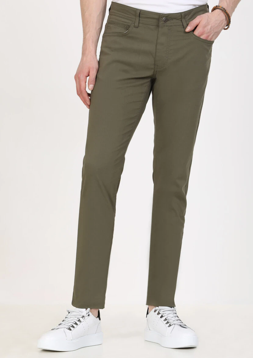 Haki Düz Dokuma Slim Fit Casual Pamuk Karışımlı Pantolon 