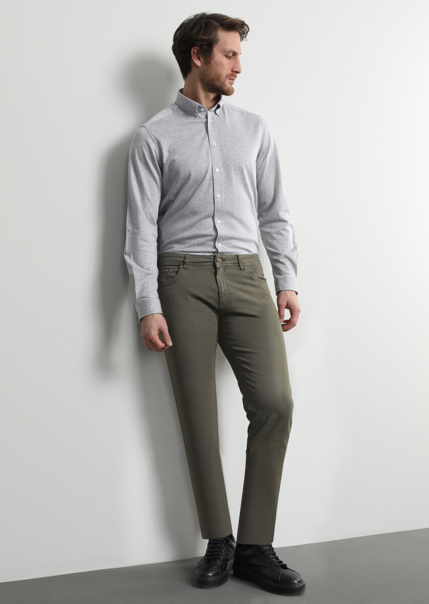 Haki Düz Dokuma Slim Fit Casual Pamuk Karışımlı Pantolon - 1