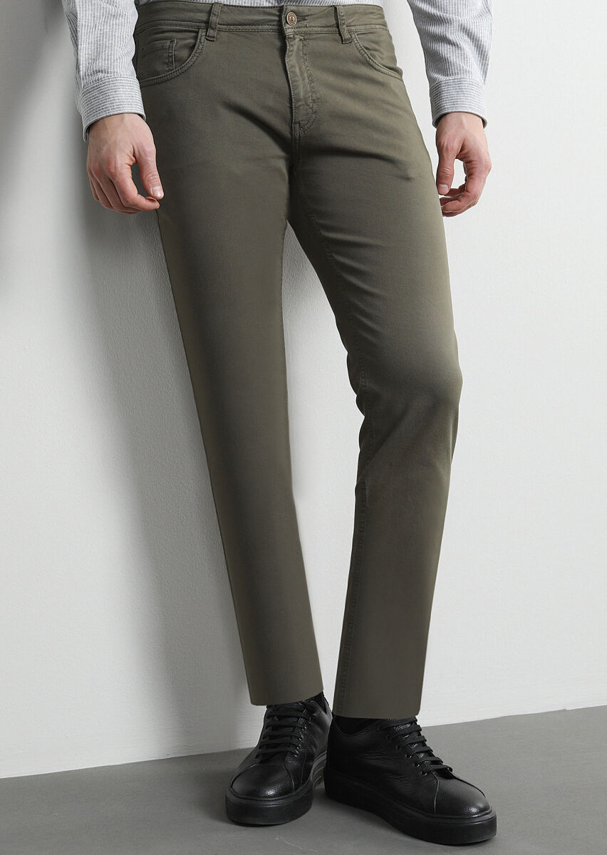 Haki Düz Dokuma Slim Fit Casual Pamuk Karışımlı Pantolon - 2
