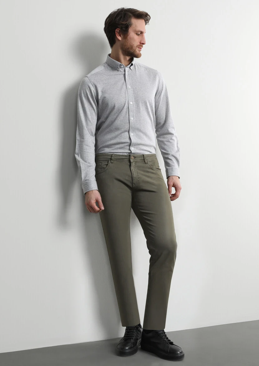 Haki Düz Dokuma Slim Fit Casual Pamuk Karışımlı Pantolon - 1