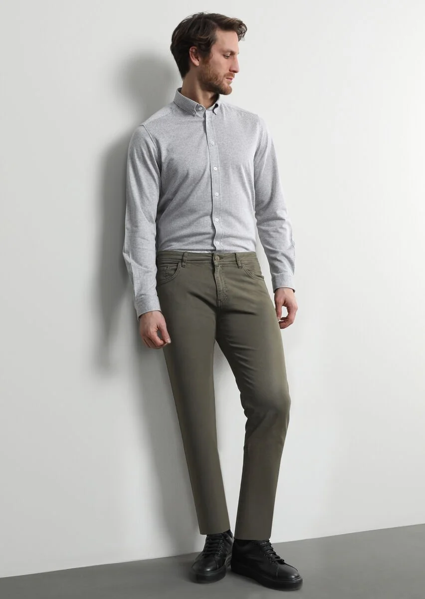 Haki Düz Dokuma Slim Fit Casual Pamuk Karışımlı Pantolon - 1