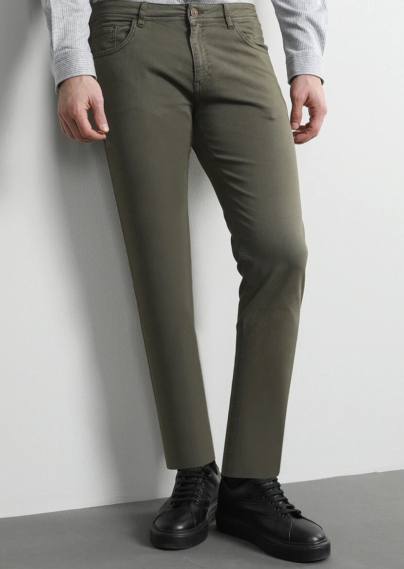 Haki Düz Dokuma Slim Fit Casual Pamuk Karışımlı Pantolon - 3