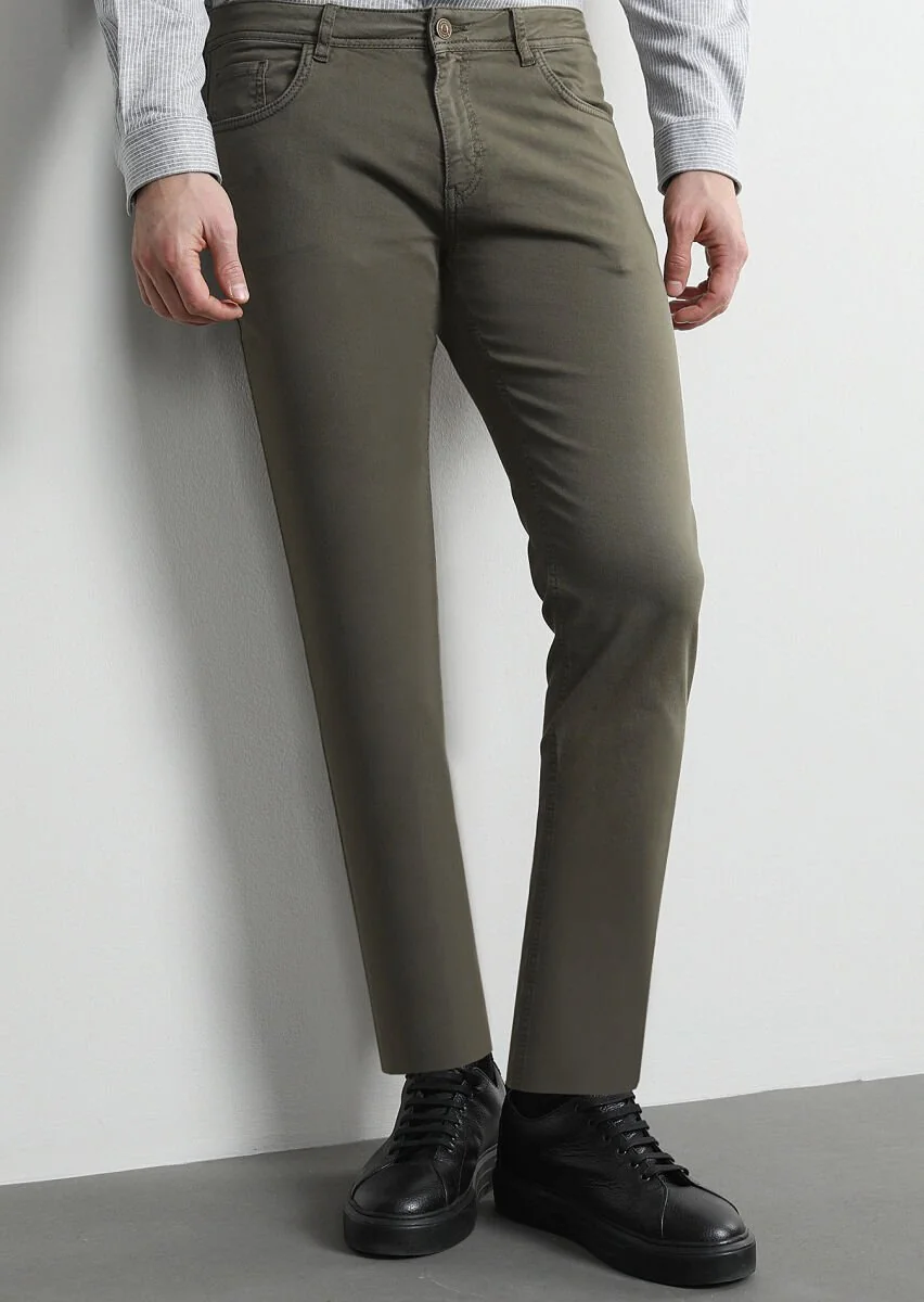 Haki Düz Dokuma Slim Fit Casual Pamuk Karışımlı Pantolon - 3
