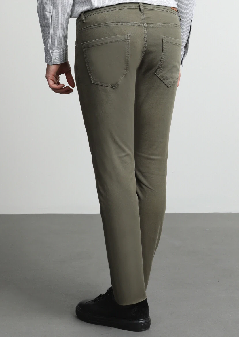 Haki Düz Dokuma Slim Fit Casual Pamuk Karışımlı Pantolon - 4