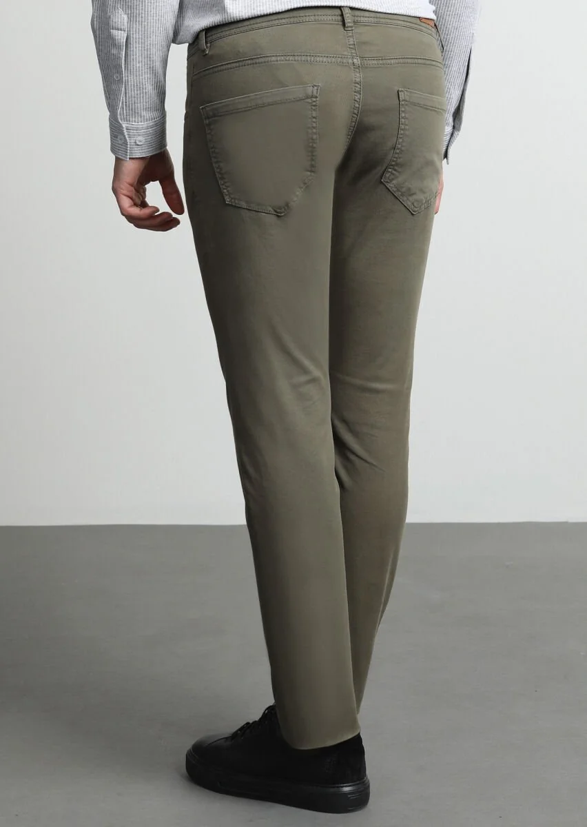 Haki Düz Dokuma Slim Fit Casual Pamuk Karışımlı Pantolon - 4