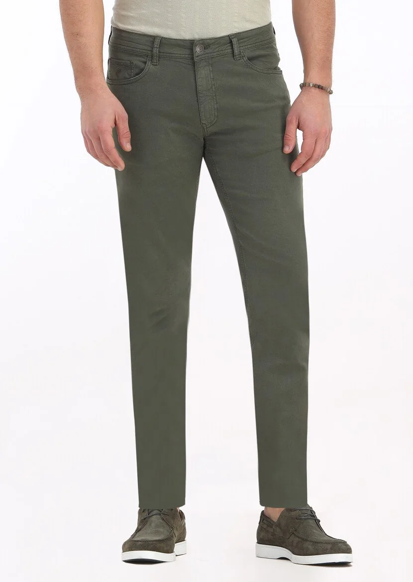 Haki Düz Dokuma Slim Fit Casual Pamuk Karışımlı Pantolon 