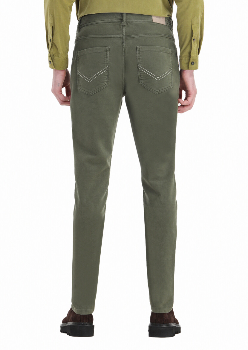 Haki Düz Dokuma Slim Fit Casual Pamuk Karışımlı Pantolon - 4