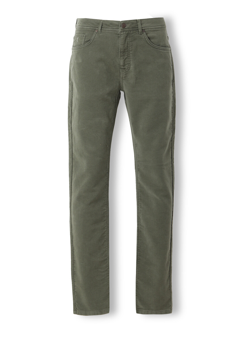 Haki Düz Dokuma Slim Fit Casual Pamuk Karışımlı Pantolon - 5